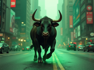 A Strong Bull Roaming in the City in a Green Atmosphere