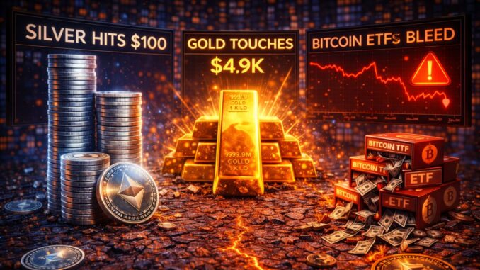 Crypto Capital Rotates To Metals: Silver Hits $100, Gold Touches $5K While Bitcoin ETFs Bleed