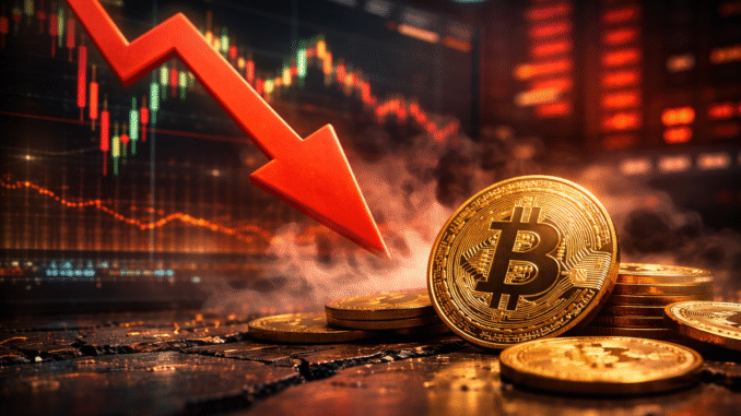 Bitcoin coins with a downward market trend visualised by a falling arrow and trading charts in the background.