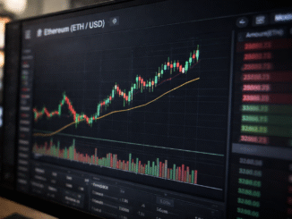 A computer monitor displaying an Ethereum (ETH/USD) candlestick price chart with rising trend lines and trading volume bars on a cryptocurrency trading interface.