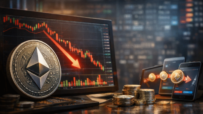 Ethereum coin displayed in front of a trading monitor showing a downward market trend, with crypto wallets and coins symbolising transfers during a price decline.