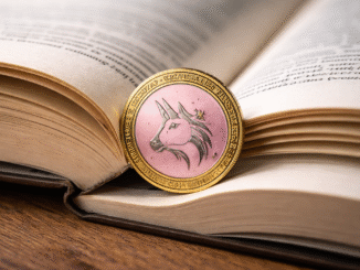 A cryptocurrency token featuring a unicorn emblem resting on the pages of an open book.