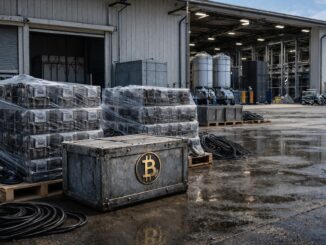 Bitcoin mining equipment stacked outside an industrial facility as operators pivot to AI, selling BTC and taking on debt to maintain liquidity