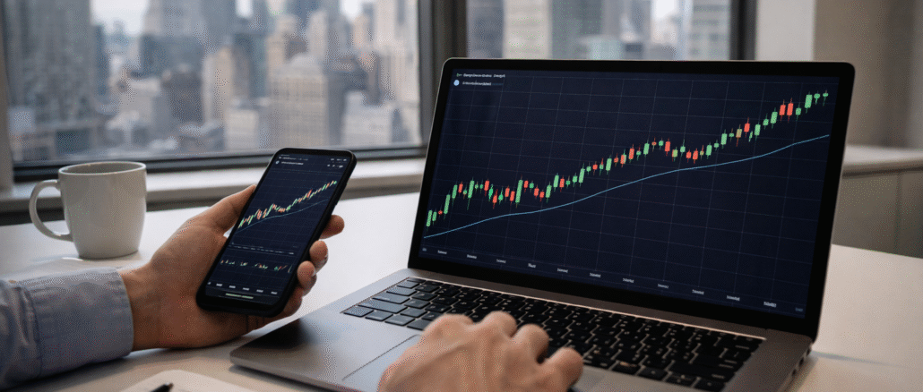 An investor checks rising cryptocurrency charts on a laptop and smartphone with a city skyline visible through the office window.