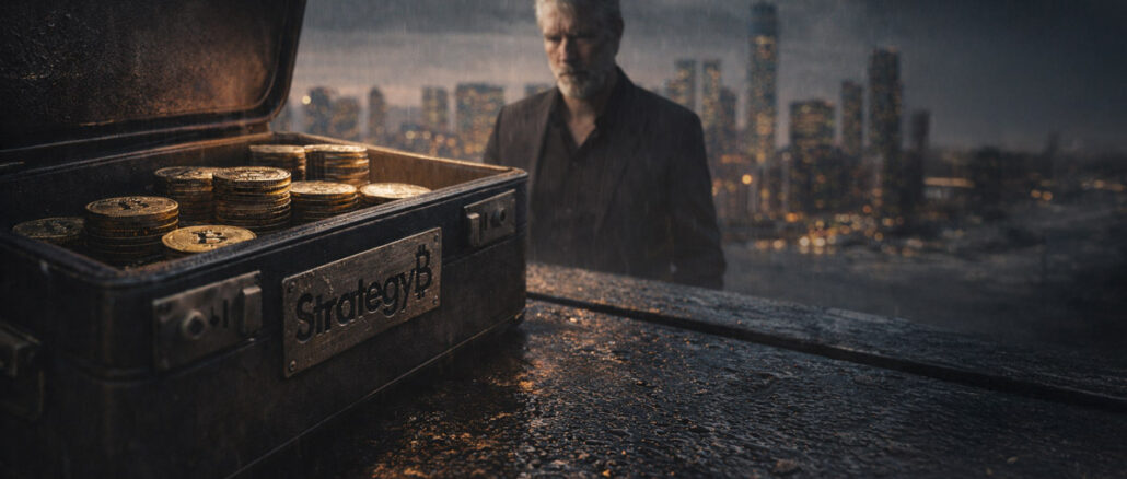 Bitcoin mining scene with a large BTC embedded in rock and industrial rigs in the background, symbolizing Strategy accumulating 66,231 Bitcoin in 68 days as STRC quietly funds the buying surge