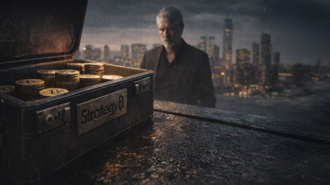 Bitcoin mining scene with a large BTC embedded in rock and industrial rigs in the background, symbolizing Strategy accumulating 66,231 Bitcoin in 68 days as STRC quietly funds the buying surge