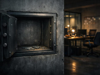 Open empty safe with scattered fragments in a dim office, symbolizing the lasting impact of crypto hacks even after funds are gone