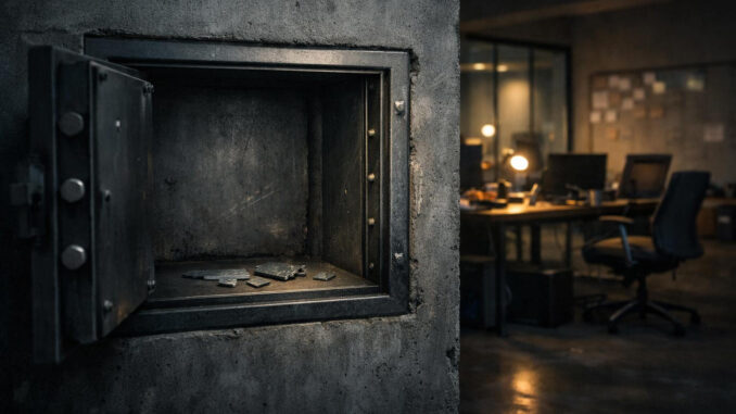 Open empty safe with scattered fragments in a dim office, symbolizing the lasting impact of crypto hacks even after funds are gone