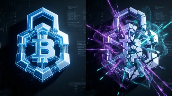 Digital security lock fracturing under quantum computing pressure, representing Bitcoin cryptography vulnerability.