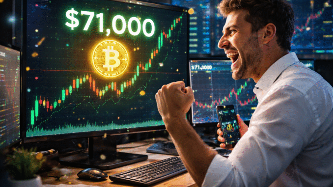 A trader celebrating a bullish Bitcoin chart