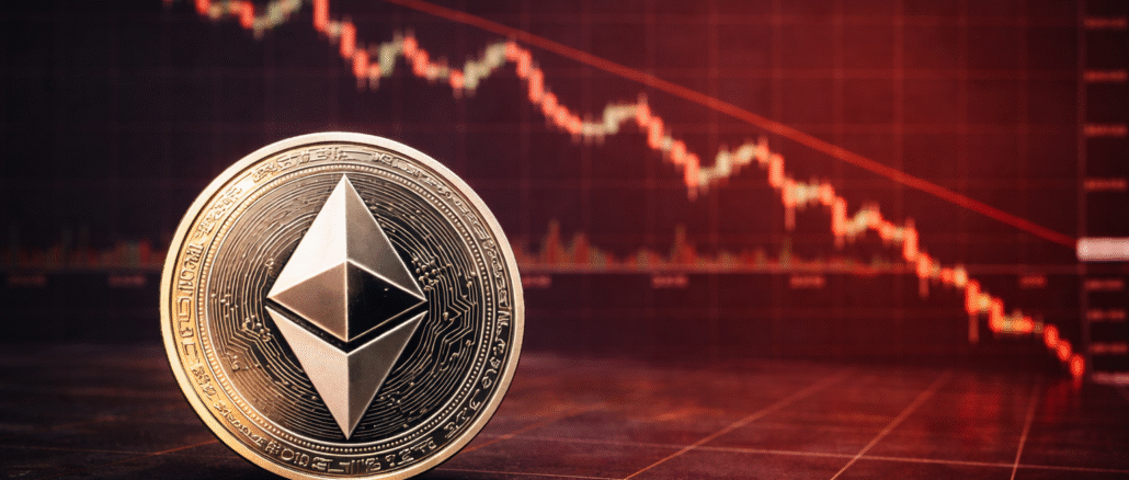 An Ethereum coin placed in front of a red downward cryptocurrency price chart showing a market decline.
