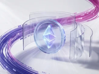 Ethereum coin with transparent privacy shields and purple gradient data streams on white background