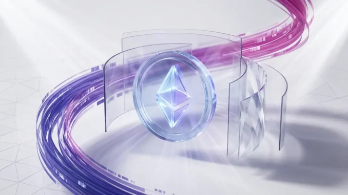Ethereum coin with transparent privacy shields and purple gradient data streams on white background