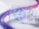 Ethereum coin with transparent privacy shields and purple gradient data streams on white background